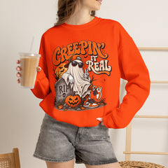 Halloween Ghost Sweatshirt — “Creepin’ It Real” Retro Pumpkin Graveyard Crewneck