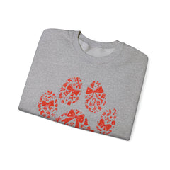 Christmas Bow Paw Print Gildan Sweatshirt — Red Heart Paw Design for Pet Lovers