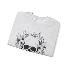 Skull & Floral Crewneck Sweatshirt — Gothic Skull with Flowers Graphic - Halloween