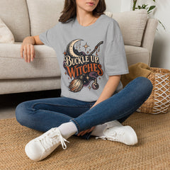 Buckle Up Witches T-Shirt — Retro Moon & Broom Halloween Tee- BP