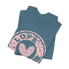 Heart Stamp Tee — Pink 'Love More' Graphic T-Shirt