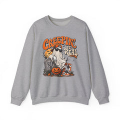 Halloween Ghost Sweatshirt — “Creepin’ It Real” Retro Pumpkin Graveyard Crewneck