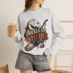 Buckle Up Witches Crewneck Sweatshirt — Retro Moon, Broom & Cauldron Halloween Pullover