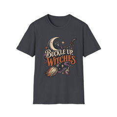 Buckle Up Witches T-Shirt — Retro Moon & Broom Halloween Tee- BP