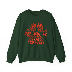 Christmas Bow Paw Print Gildan Sweatshirt — Red Heart Paw Design for Pet Lovers