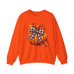 Fall Pumpkin Crewneck Sweatshirt – Buffalo Check Bow & Autumn Leaves
