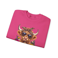 Highland Cow Floral Crewneck Sweatshirt – Sunflower Cow with Bandana & Sunglasses