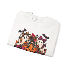 Halloween Pumpkin & Ghost Crewneck Sweatshirt — Cute Spooky Pink Leopard Fall Graphic