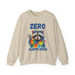 Crewneck Sweatshirt — "Zero Fluffs Given" Raccoon Holiday Gildan Crewneck