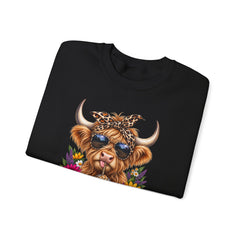 Highland Cow Floral Crewneck Sweatshirt – Sunflower Cow with Bandana & Sunglasses