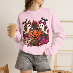 Halloween Pumpkin & Ghost Crewneck Sweatshirt — Cute Spooky Pink Leopard Fall Graphic