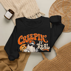 Halloween Ghost Sweatshirt — “Creepin’ It Real” Retro Pumpkin Graveyard Crewneck