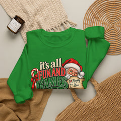 Christmas Sweatshirt — "It's all fun and games until Santa checks the naughty list" Cozy Holiday Gildan Crewneck