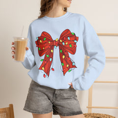 Festive Christmas Bow with Lights, Crewneck Sweatshirt, Holiday Sweatshirt, Winter Fashion, Christmas Apparel