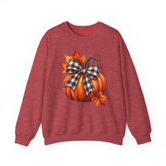 Fall Pumpkin Crewneck Sweatshirt – Buffalo Check Bow & Autumn Leaves