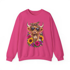 Highland Cow Floral Crewneck Sweatshirt – Sunflower Cow with Bandana & Sunglasses