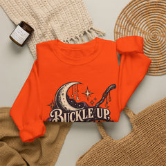 Buckle Up Witches Crewneck Sweatshirt — Retro Moon, Broom & Cauldron Halloween Pullover