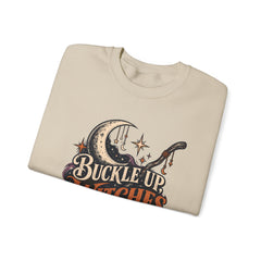 Buckle Up Witches Crewneck Sweatshirt — Retro Moon, Broom & Cauldron Halloween Pullover