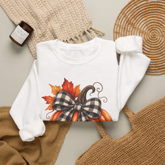 Fall Pumpkin Crewneck Sweatshirt – Buffalo Check Bow & Autumn Leaves