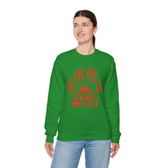 Christmas Bow Paw Print Gildan Sweatshirt — Red Heart Paw Design for Pet Lovers