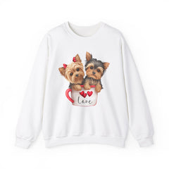 Yorkshire Terriers in Coffee Cup Sweatshirt - Valentine's Day Cuteness