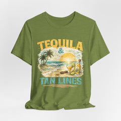 Tequila & Tan Lines Beach T-Shirt — Tropical Sunset Vacation Tee