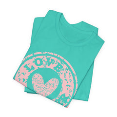 Heart Stamp Tee — Pink 'Love More' Graphic T-Shirt