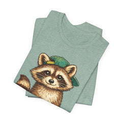 Cute Raccoon Graphic Tee — Adorable Cartoon Raccoon with Green Cap