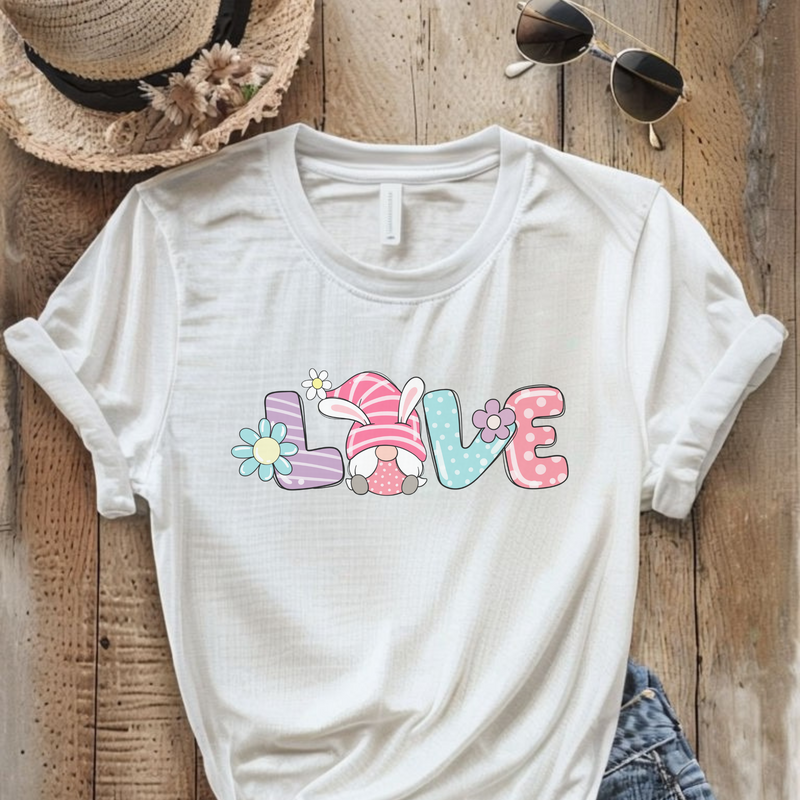 Colorful 'Love' Unisex Easter Gnome Tee - Perfect for Spring Celebrations
