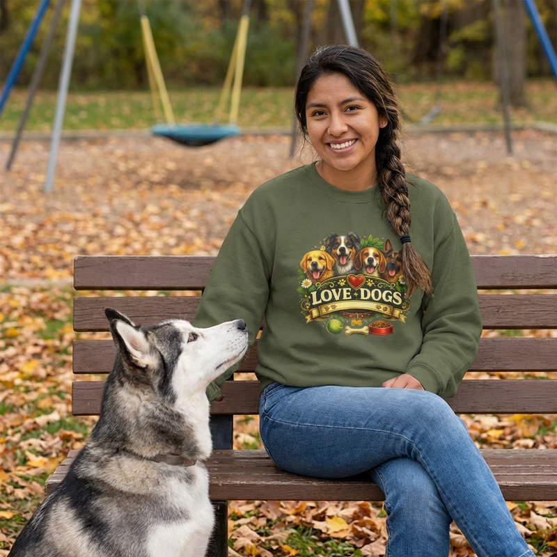 Love Dogs Crewneck Sweatshirt — Cute Paw Print & Dog Portraits Graphic