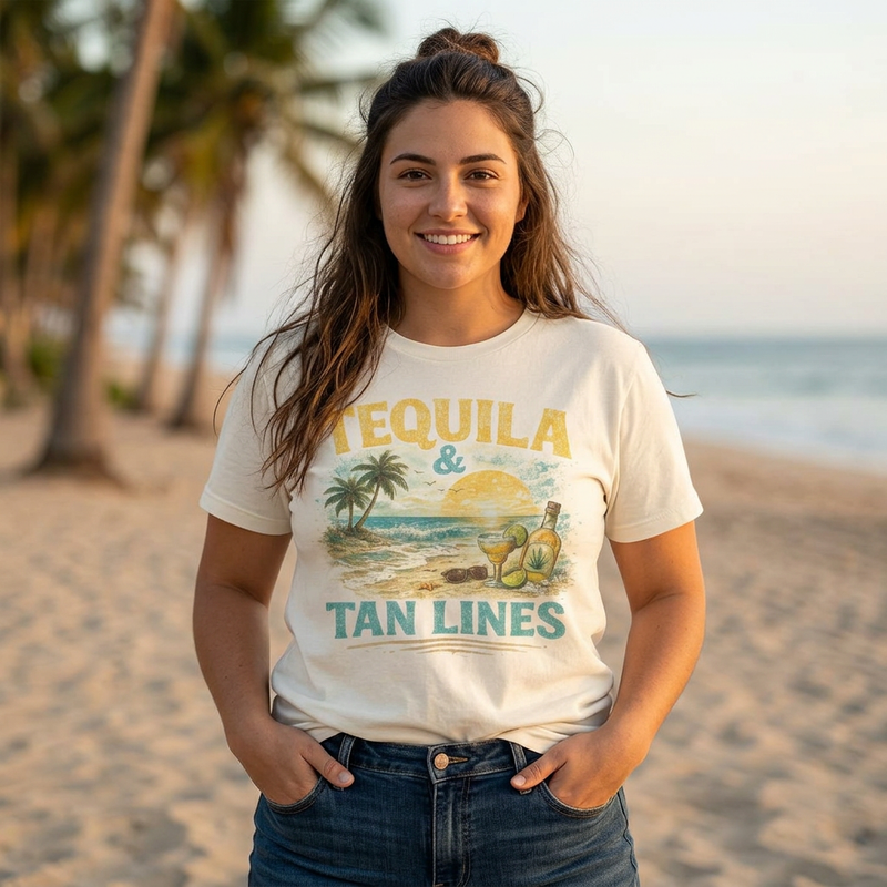 Tequila & Tan Lines Beach T-Shirt — Tropical Sunset Vacation Tee