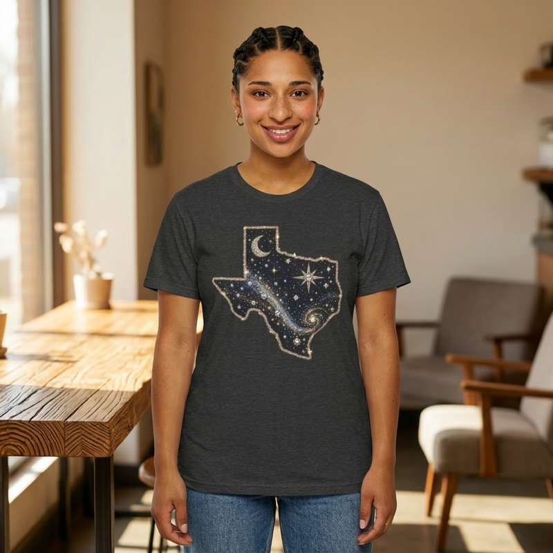 Texas Night Sky Tee — Celestial Moon & Stars State Graphic T-Shirt