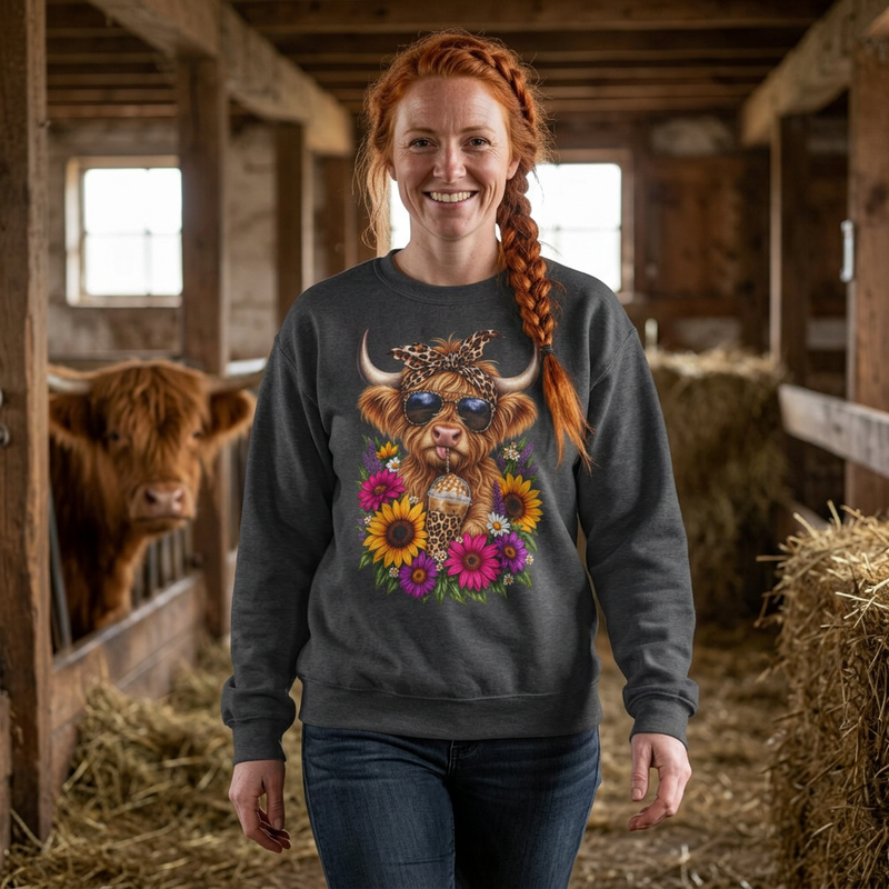 Highland Cow Floral Crewneck Sweatshirt – Sunflower Cow with Bandana & Sunglasses