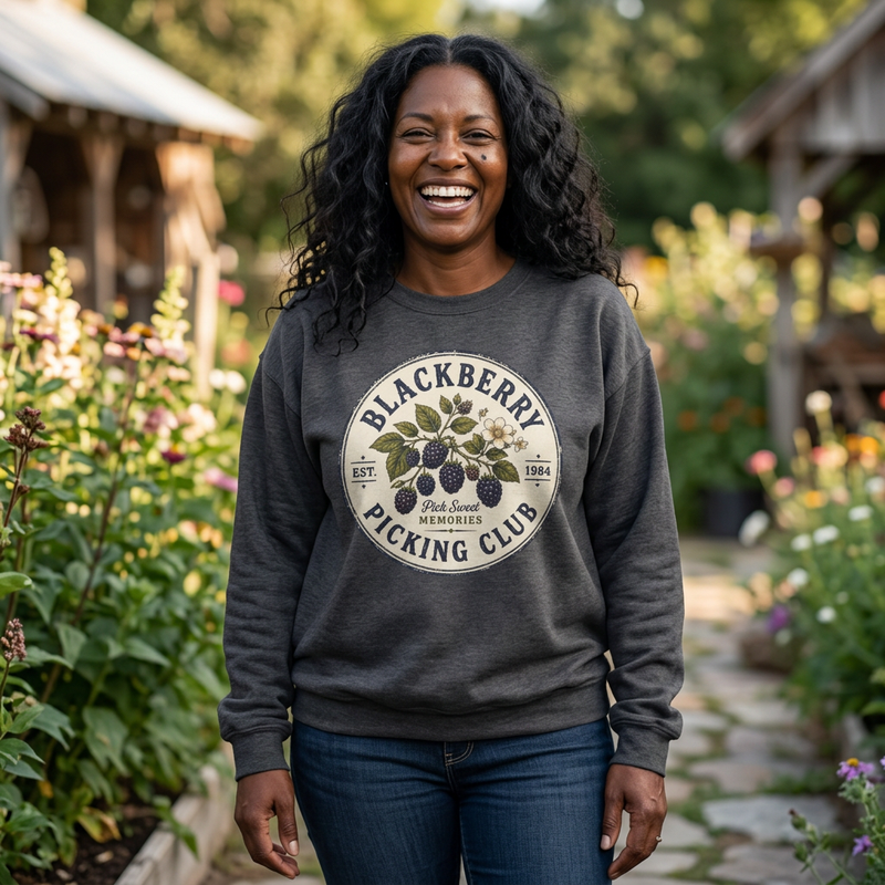 Blackberry Picking Club Crewneck Sweatshirt — Vintage Fruit Patch Design