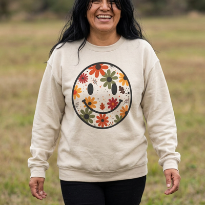 Floral Smile Sweatshirt — Retro Fall Flowers Smiley Crewneck