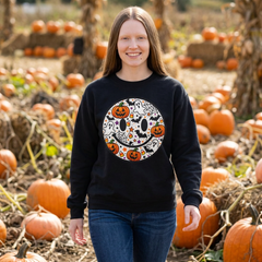Halloween Smiley Sweatshirt — Pumpkin & Ghost Spooky Face Crewneck