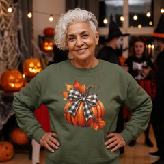Fall Pumpkin Crewneck Sweatshirt – Buffalo Check Bow & Autumn Leaves