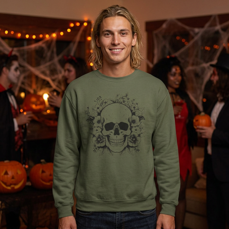 Skull & Floral Crewneck Sweatshirt — Gothic Skull with Flowers Graphic - Halloween