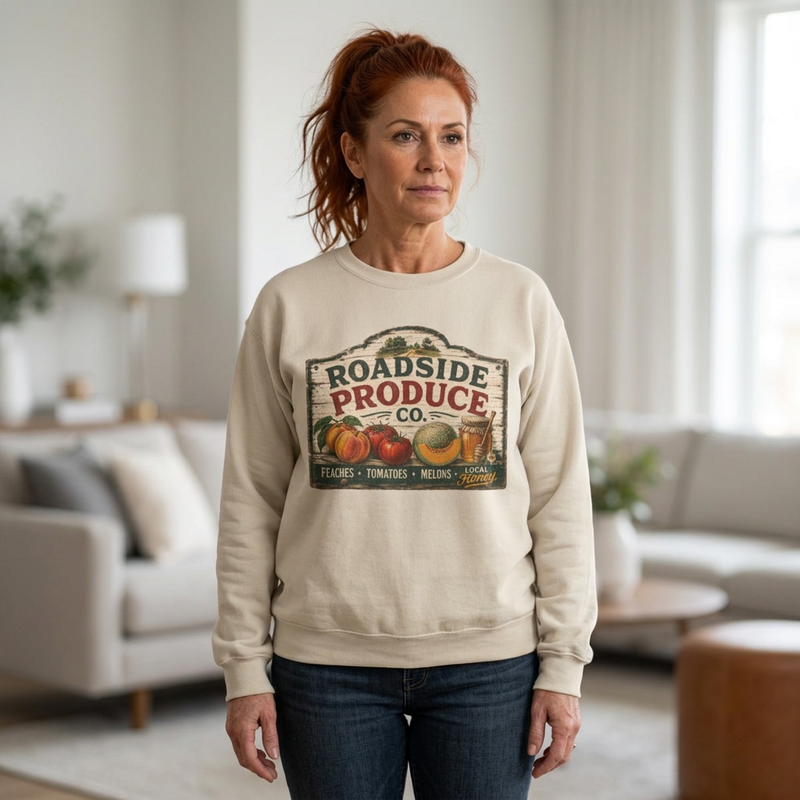 Roadside Produce Co. Crewneck Sweatshirt — Vintage Farmstand Graphic- Southern Heritage