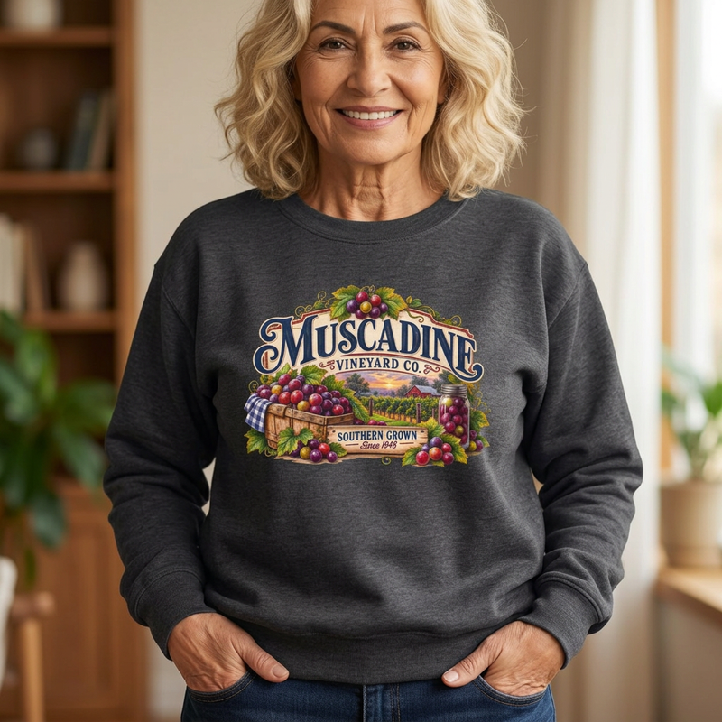 Muscadine Vineyard Crewneck Sweatshirt — Vintage Grape Winery Graphic - Southern Heritage