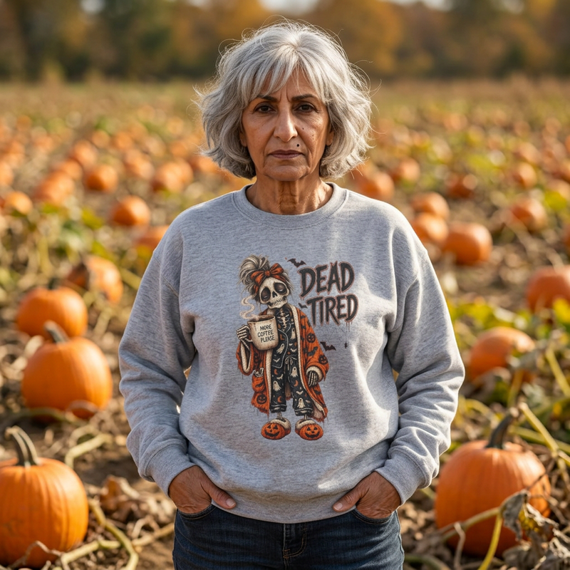 Dead Tired Halloween Crewneck Sweatshirt – Sleepy Skeleton Coffee Graphic Halloween