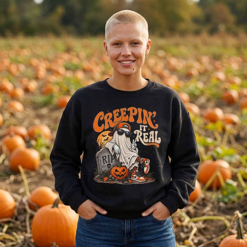 Halloween Ghost Sweatshirt — “Creepin’ It Real” Retro Pumpkin Graveyard Crewneck