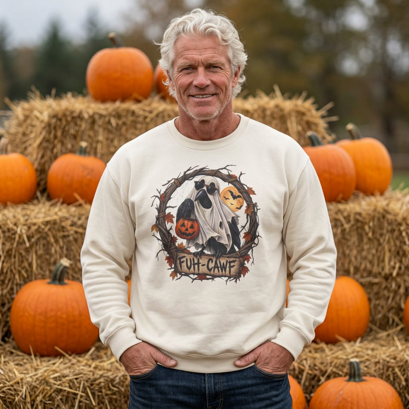 Halloween Ghost Crewneck Sweatshirt – 'Fuh-Cawf' Spooky Pumpkin Design