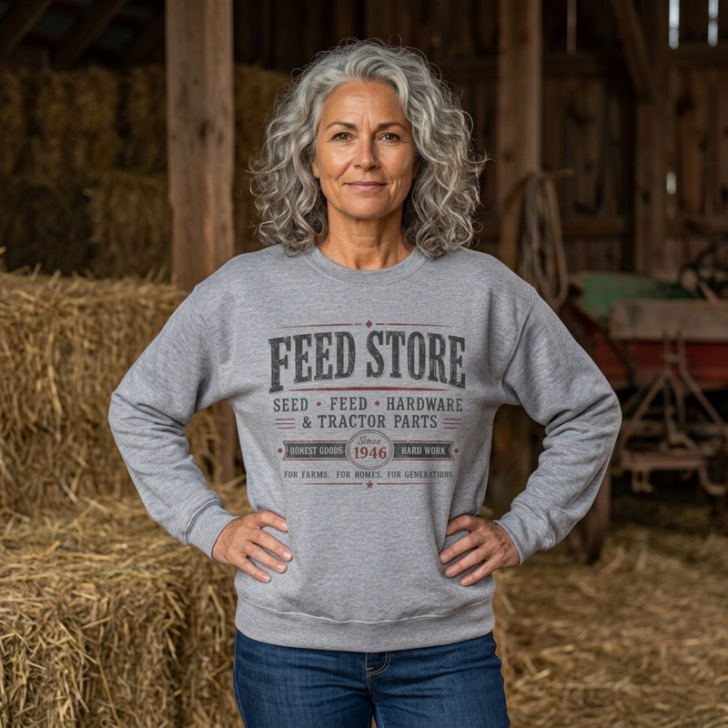 Feed Store Crewneck Sweatshirt — Vintage Farmhouse Seed & Feed Graphic - Southern Heritage