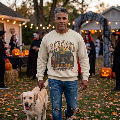 Bone Yard Social Club Crewneck Sweatshirt — Vintage Halloween Graveyard Graphic
