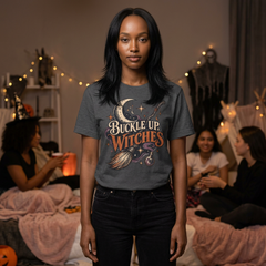 Buckle Up Witches T-Shirt — Retro Moon & Broom Halloween Tee- BP
