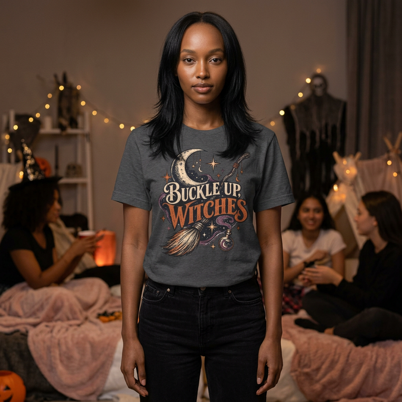 Buckle Up Witches T-Shirt — Retro Moon & Broom Halloween Tee- BP
