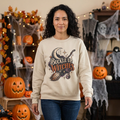 Buckle Up Witches Crewneck Sweatshirt — Retro Moon, Broom & Cauldron Halloween Pullover
