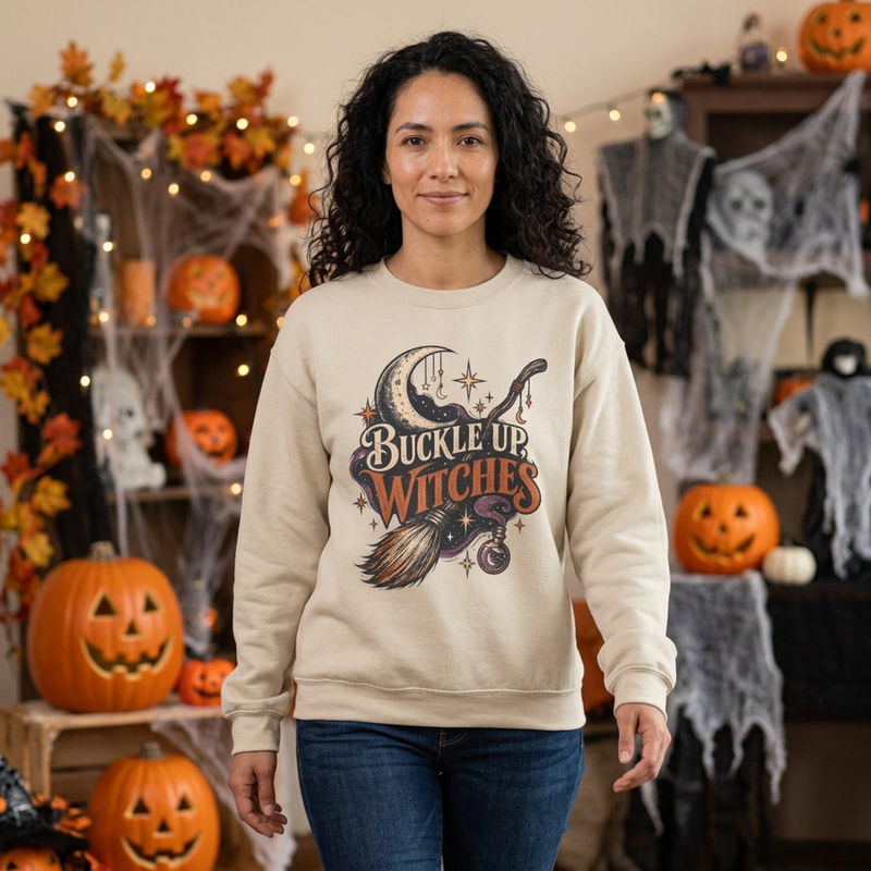 Buckle Up Witches Crewneck Sweatshirt — Retro Moon, Broom & Cauldron Halloween Pullover