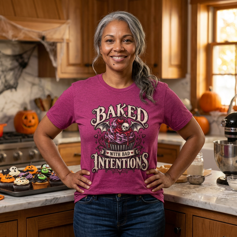 Baked With Bad Intentions T-Shirt — Dark Dessert Skull Halloween Graphic BP